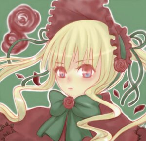 Rating: Safe Score: 0 Tags: 1girl blonde_hair blue_eyes blush bow bowtie dress flower green_background green_bow image long_hair petals red_flower red_rose ribbon rose rose_petals shinku simple_background solo twintails User: admin