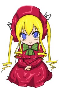 Rating: Safe Score: 0 Tags: 1girl blonde_hair blue_eyes bonnet bow bowtie capelet dress full_body green_bow green_neckwear image long_hair long_sleeves looking_at_viewer red_dress shinku sidelocks simple_background sitting solo twintails white_background User: admin