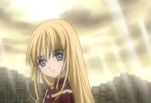 Rating: Safe Score: 0 Tags: 1girl bangs blonde_hair blue_eyes building image light_rays long_hair looking_at_viewer outdoors shinku sky smile solo sunbeam sunlight upper_body User: admin