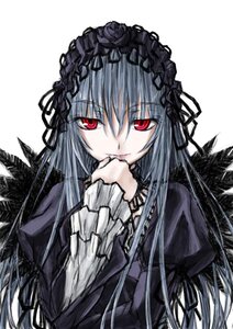 Rating: Safe Score: 0 Tags: 1girl dress flower frills hairband image juliet_sleeves long_hair long_sleeves looking_at_viewer red_eyes rose silver_hair simple_background solo suigintou upper_body white_background wings User: admin