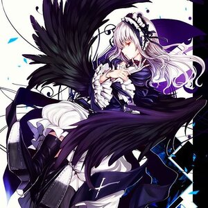 Rating: Safe Score: 0 Tags: 1girl black_wings boots dress feathers flower frilled_sleeves frills hairband image long_hair long_sleeves red_eyes ribbon rose silver_hair solo suigintou wings User: admin