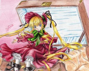 Rating: Safe Score: 0 Tags: 1girl blonde_hair blue_eyes bonnet bow bowtie dress frills green_bow green_neckwear image long_hair long_sleeves looking_at_viewer marker_(medium) photo red_dress shikishi shinku sitting solo traditional_media twintails underwear very_long_hair white_legwear User: admin