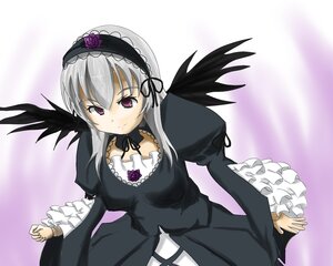 Rating: Safe Score: 3 Tags: 1girl black_dress black_wings detached_collar dress flower frilled_sleeves frills gradient gradient_background hairband image juliet_sleeves lolita_hairband long_hair long_sleeves looking_at_viewer pink_eyes rose silver_hair solo suigintou wings User: admin