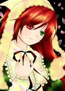 Rating: Safe Score: 0 Tags: 1girl dress frills green_dress green_eyes heterochromia image long_hair long_sleeves looking_at_viewer petals red_eyes solo suiseiseki upper_body User: admin