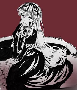 Rating: Safe Score: 0 Tags: 1girl blood dress frills image long_hair long_sleeves looking_at_viewer monochrome puffy_sleeves red_background ribbon simple_background smile solo suigintou v_arms User: admin