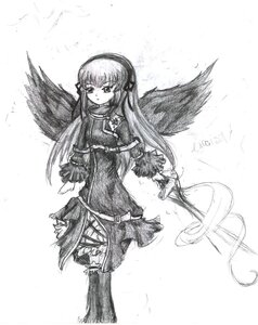 Rating: Safe Score: 0 Tags: 1girl dress greyscale hairband image long_hair long_sleeves looking_at_viewer monochrome solo suigintou wings User: admin