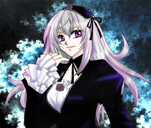 Rating: Safe Score: 0 Tags: 1girl black_dress dress flower frilled_sleeves frills hairband image lolita_fashion lolita_hairband long_hair long_sleeves looking_at_viewer pink_eyes purple_eyes rose silver_hair smile solo suigintou upper_body User: admin