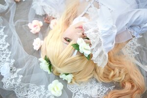 Rating: Safe Score: 0 Tags: 1girl blonde_hair bouquet dress flower gloves green_eyes kirakishou lace lips long_hair rose solo veil white_flower white_rose User: admin