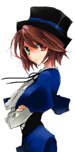 Rating: Safe Score: 0 Tags: 1girl blue_dress brown_hair capelet dress green_eyes hat heterochromia image long_sleeves looking_at_viewer red_eyes ribbon short_hair simple_background solo souseiseki top_hat white_background User: admin