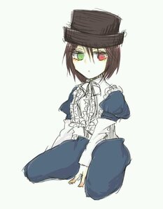 Rating: Safe Score: 0 Tags: 1girl dress green_eyes hat heterochromia image long_sleeves looking_at_viewer red_eyes short_hair simple_background sitting solo souseiseki User: admin