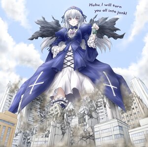 Rating: Safe Score: 3 Tags: 1girl auto_tagged black_wings building city destruction dress eichikei_(hakuto) flower frills giant giantess ground_vehicle hairband image kaijuu long_hair long_sleeves looking_at_viewer military military_vehicle motor_vehicle pink_eyes puffy_sleeves ribbon rose rozen_maiden silver_hair sky solo suigintou tank translated wings User: admin