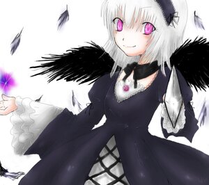 Rating: Safe Score: 0 Tags: 1girl black_dress black_feathers black_wings dress feathered_wings feathers frills hairband image long_hair long_sleeves looking_at_viewer pink_eyes silver_hair smile solo suigintou white_background wings User: admin