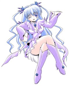 Rating: Safe Score: 0 Tags: 1girl barasuishou blue_eyes boots breasts cleavage crossed_legs dress flower hair_ornament image knee_boots long_hair one_eye_closed ribbon sitting solo striped twintails vertical_stripes very_long_hair User: admin