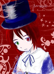 Rating: Safe Score: 0 Tags: 1girl closed_mouth green_eyes hat heterochromia image long_sleeves looking_at_viewer portrait red_background red_eyes ribbon short_hair solo souseiseki suiseiseki top_hat User: admin