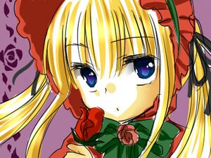Rating: Safe Score: 0 Tags: 1girl blonde_hair blue_eyes bonnet bow bowtie face flower green_bow green_neckwear image long_hair looking_at_viewer rose shinku sidelocks simple_background solo twintails User: admin