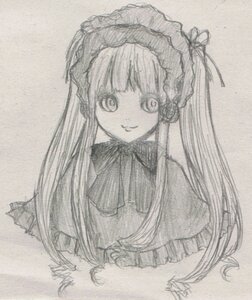 Rating: Safe Score: 0 Tags: 1girl bangs dress frills graphite_(medium) image long_hair looking_at_viewer monochrome photo ribbon shinku simple_background smile solo traditional_media upper_body User: admin