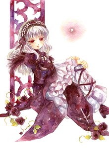 Rating: Safe Score: 0 Tags: 1girl detached_collar dress flower frills hairband image long_hair long_sleeves looking_at_viewer puffy_sleeves purple_flower red_eyes rose sitting solo suigintou wings User: admin