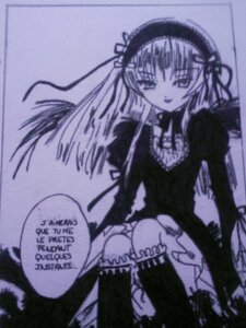 Rating: Safe Score: 0 Tags: 1girl dress frills hairband image long_hair long_sleeves monochrome photo sitting solo suigintou very_long_hair wings User: admin