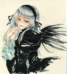 Rating: Safe Score: 0 Tags: 1girl bangs black_dress black_ribbon black_wings blush dress feathered_wings frilled_sleeves frills hairband half-closed_eyes image long_hair long_sleeves looking_at_viewer red_eyes rose simple_background solo suigintou traditional_media upper_body wings User: admin