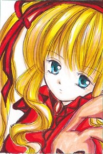 Rating: Safe Score: 0 Tags: 1girl bangs blonde_hair blue_eyes dress hair_ribbon image long_hair looking_at_viewer red_ribbon ribbon shinku simple_background solo white_background User: admin