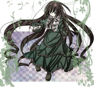 Rating: Safe Score: 0 Tags: 1girl black_hair checkered checkered_background dress frills full_body green_dress image lolita_fashion long_hair long_sleeves looking_at_viewer plant ribbon solo suiseiseki very_long_hair vines User: admin