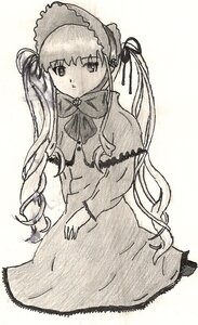 Rating: Safe Score: 0 Tags: 1girl bonnet bow bowtie dress image long_hair long_sleeves looking_at_viewer monochrome shinku simple_background solo twintails very_long_hair white_background User: admin
