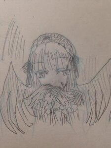 Rating: Safe Score: 0 Tags: 1girl bangs brown_background dress eyebrows_visible_through_hair flower frills hair_ribbon hairband holding image long_hair long_sleeves looking_at_viewer photo ribbon rose simple_background solo suigintou traditional_media upper_body wings User: admin