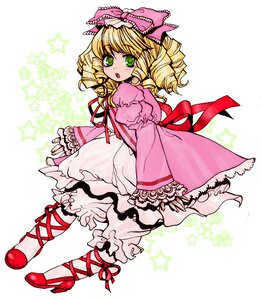 Rating: Safe Score: 0 Tags: 1girl :o auto_tagged blonde_hair bloomers blush bow cross-laced_footwear dress drill_hair frills full_body green_eyes hair_bow hina_ichigo hinaichigo image long_sleeves looking_at_viewer open_mouth pink_bow pink_dress puffy_sleeves ribbon shoes short_hair solo star_(symbol) starry_background underwear white_bloomers User: admin