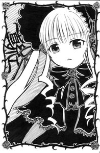 Rating: Safe Score: 0 Tags: 1girl bonnet bow bowtie dress flower greyscale image long_hair long_sleeves looking_at_viewer monochrome parted_lips rose shinku simple_background solo white_background User: admin