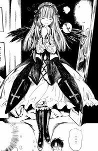Rating: Safe Score: 0 Tags: ... 1boy 1girl boots closed_eyes dress flower frills greyscale hairband image long_hair monochrome ribbon solo spoken_ellipsis suigintou wings User: admin