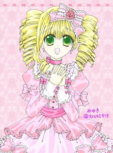Rating: Safe Score: 0 Tags: 1girl :d blonde_hair bow choker dress drill_hair earrings frills green_eyes hina_ichigo hinaichigo image jewelry long_sleeves open_mouth pink_background pink_bow pink_dress pink_theme smile solo twin_drills User: admin