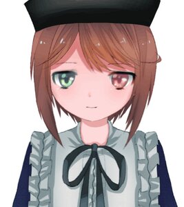 Rating: Safe Score: 0 Tags: 1girl apron bangs black_headwear black_ribbon brown_eyes brown_hair closed_mouth eyebrows_visible_through_hair frills green_eyes hat image looking_at_viewer ribbon short_hair simple_background solo souseiseki swept_bangs upper_body white_background User: admin