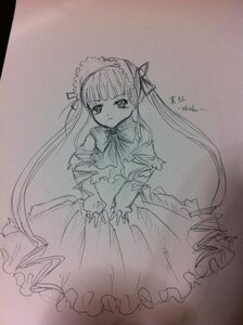 Rating: Safe Score: 0 Tags: 1girl dress frills image long_hair long_sleeves looking_at_viewer monochrome shinku simple_background solo traditional_media twintails very_long_hair User: admin