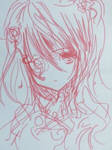 Rating: Safe Score: 0 Tags: 1girl eyebrows_visible_through_hair flower hair_between_eyes hair_flower hair_ornament image kirakishou looking_at_viewer monochrome simple_background sketch solo traditional_media User: admin