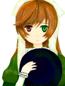 Rating: Safe Score: 0 Tags: 1girl bangs brown_hair dress green_dress green_eyes hat hat_removed headwear_removed heterochromia holding image long_sleeves looking_at_viewer red_eyes simple_background solo souseiseki suiseiseki top_hat upper_body white_background User: admin