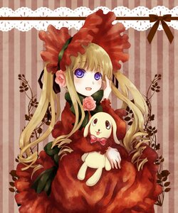 Rating: Safe Score: 0 Tags: 1girl :d ai_(creamcaramel) blonde_hair blue_eyes blush bonnet bow commentary_request dress flower hand_on_own_face image kunkun long_hair long_sleeves looking_at_viewer open_mouth pink_flower pink_rose red_dress rose rozen_maiden shinku smile solo striped striped_background stuffed_animal stuffed_dog twintails User: admin