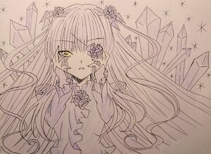 Rating: Safe Score: 0 Tags: 1girl barasuishou dress flower hair_flower hair_ornament image long_hair long_sleeves looking_at_viewer monochrome parted_lips rose solo star_(symbol) traditional_media two_side_up upper_body very_long_hair User: admin