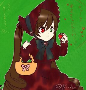 Rating: Safe Score: 0 Tags: 1girl bow brown_hair costume_switch dress food fruit green_background green_eyes heterochromia image long_hair long_sleeves red_dress red_eyes solo suiseiseki very_long_hair User: admin
