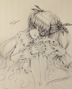 Rating: Safe Score: 0 Tags: 1girl barasuishou dress frills hair_ornament image long_hair long_sleeves looking_at_viewer monochrome own_hands_together solo traditional_media twintails very_long_hair User: admin