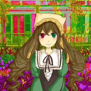 Rating: Safe Score: 0 Tags: 1girl brown_hair dress drill_hair flower green_dress green_eyes head_scarf heterochromia image long_hair long_sleeves looking_at_viewer outdoors plant red_eyes ribbon smile solo suiseiseki very_long_hair watering_can User: admin