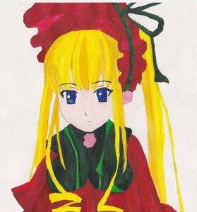 Rating: Safe Score: 0 Tags: 1girl bangs blonde_hair blue_eyes bonnet bow closed_mouth expressionless image long_hair long_sleeves looking_at_viewer shinku sidelocks simple_background solo traditional_media twintails upper_body User: admin