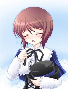 Rating: Safe Score: 0 Tags: 1girl :o black_ribbon blush brown_hair closed_eyes frills hat hat_removed headwear_removed holding holding_clothes holding_hat image long_sleeves open_mouth ribbon short_hair solo souseiseki upper_body User: admin