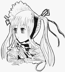 Rating: Safe Score: 0 Tags: 1girl bowtie floating_hair hair_ribbon hairband image long_hair monochrome ribbon shinku simple_background solo striped upper_body white_background User: admin