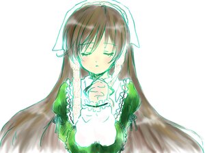 Rating: Safe Score: 0 Tags: 1girl blush brown_hair closed_eyes dress green_dress image long_hair long_sleeves ribbon simple_background solo suiseiseki very_long_hair white_background User: admin