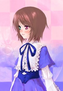 Rating: Safe Score: 0 Tags: 1girl blush brown_hair checkered frills green_eyes heterochromia image long_sleeves looking_at_viewer looking_back red_eyes ribbon short_hair solo souseiseki User: admin