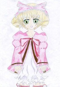 Rating: Safe Score: 0 Tags: 1girl :d blonde_hair bow dress frills green_eyes hina_ichigo hinaichigo image long_sleeves looking_at_viewer open_mouth pink_bow pink_dress smile solo standing User: admin