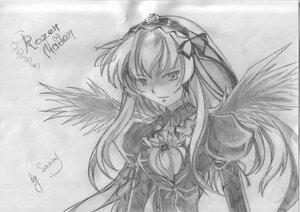 Rating: Safe Score: 0 Tags: 1girl black_wings dress feathered_wings greyscale hairband image long_hair long_sleeves looking_at_viewer monochrome signature smile solo suigintou traditional_media upper_body wings User: admin