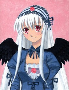 Rating: Safe Score: 0 Tags: 1girl bangs black_ribbon black_wings blush detached_collar dress feathered_wings feathers flower frills hairband image juliet_sleeves long_hair long_sleeves looking_at_viewer pink_background pink_eyes puffy_sleeves ribbon rose silver_hair simple_background smile solo suigintou traditional_media upper_body white_wings wings User: admin