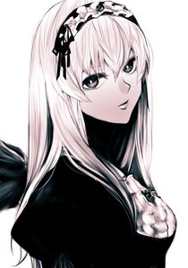 Rating: Safe Score: 0 Tags: 1girl bangs eyebrows_visible_through_hair hairband image long_hair looking_at_viewer monochrome simple_background solo striped suigintou upper_body white_background User: admin