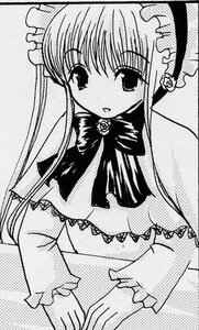 Rating: Safe Score: 0 Tags: 1girl blush bow dress frills greyscale image long_hair long_sleeves looking_at_viewer monochrome shinku simple_background sitting solo twintails very_long_hair User: admin